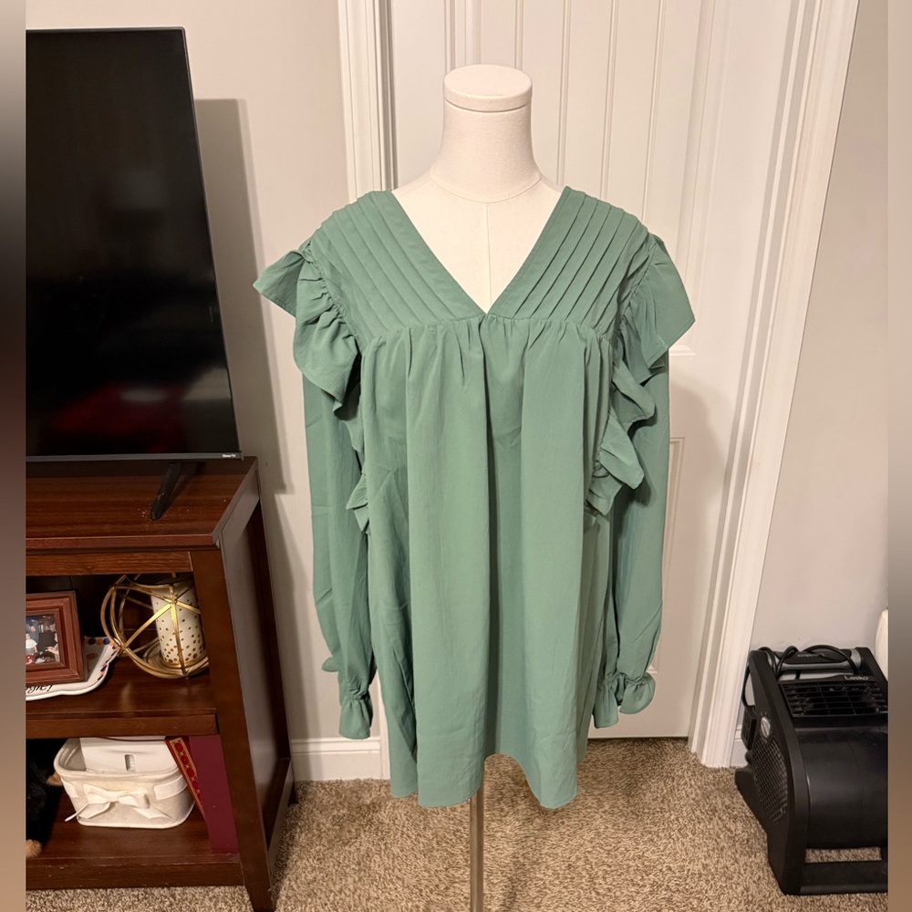 Entro Sage Green Blouse with Ruffle Sleeves